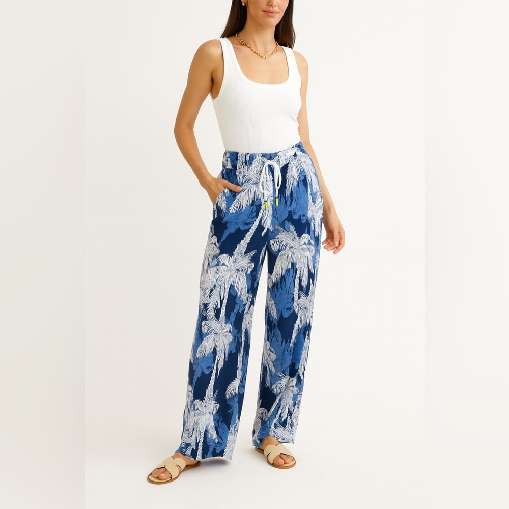 SHOP&CO Blue Palm Print Wide Leg Pants Size M Tropical Resort Lounge